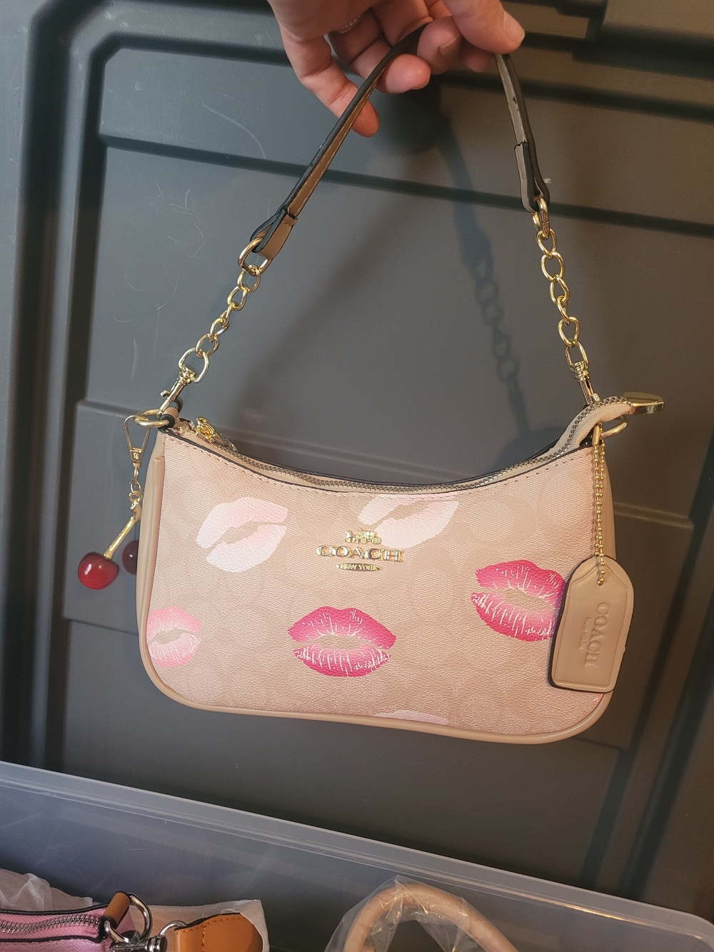 Coach Pink Kiss-Print Mini Shoulder Bag with Gold Hardware